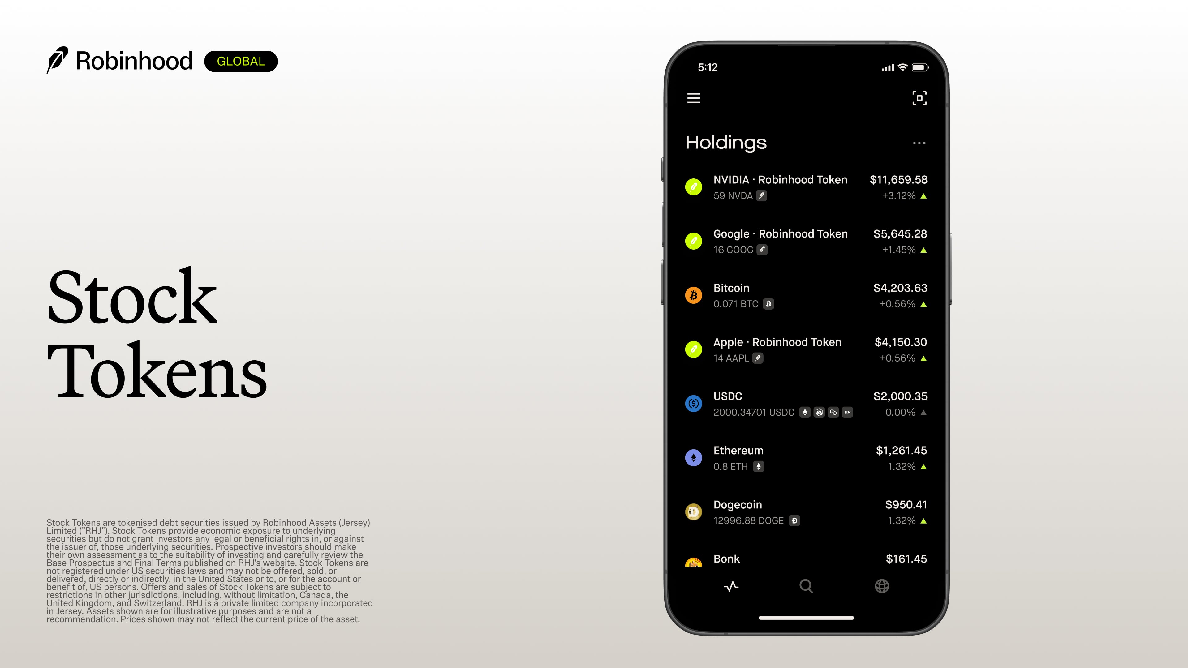 Official Robinhood Stock Tokens product visual showing tokenized stock holdings in the Robinhood Wallet.
