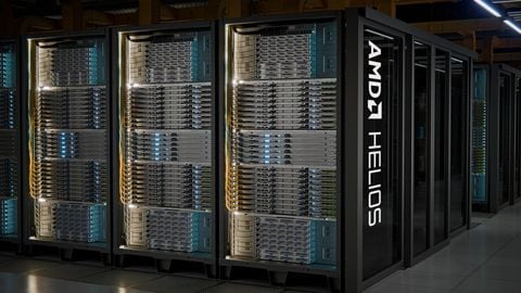 Photo of AMD Helios rackscale systems &mdash; shows the rack density/form factor used to host MI455X/MI450 GPUs and illustrates the physical basis for AMD&rsquo;s performance and tokens‑per‑dollar claims.