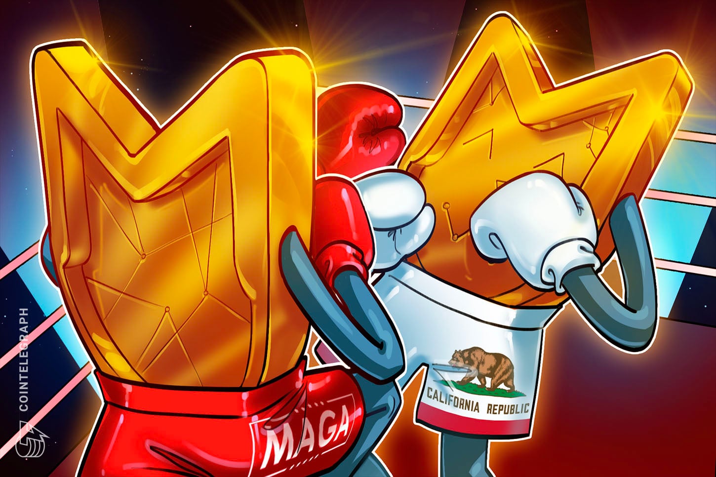 Illustration accompanying coverage of California&rsquo;s politician-linked memecoin restrictions.
