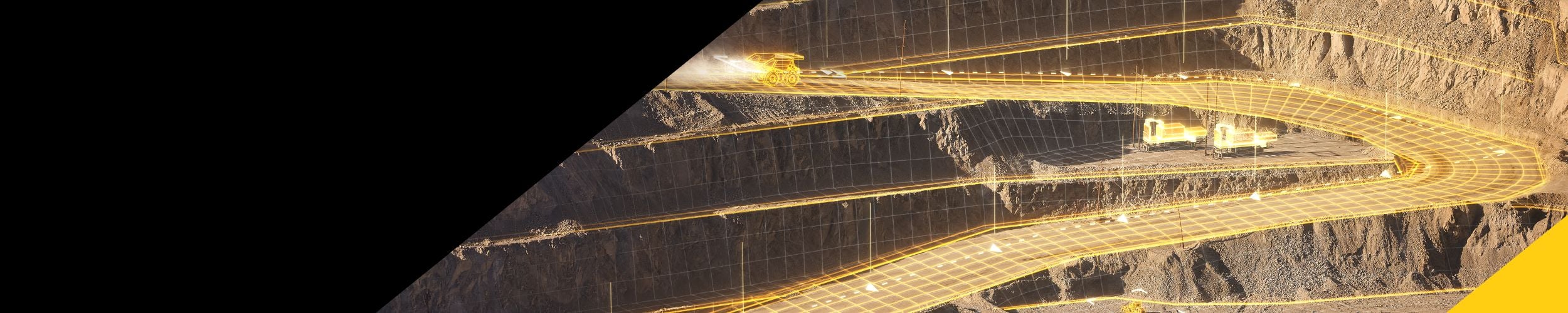 Aerial mine image with a technology overlay from Caterpillar&rsquo;s July 7, 2026 Skycatch press release &mdash; visualizes near‑real‑time spatial data integration that can improve mine planning, utilization and margins.