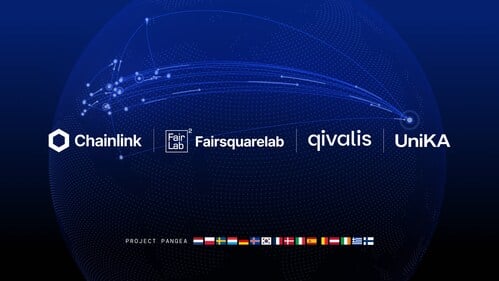 Project Pangea banner (Chainlink, FairSquareLab, Qivalis, UniKA) — visual from the June 23, 2026 press release illustrating the bank consortia and Chainlink partnership for T+0 stablecoin FX settlement.