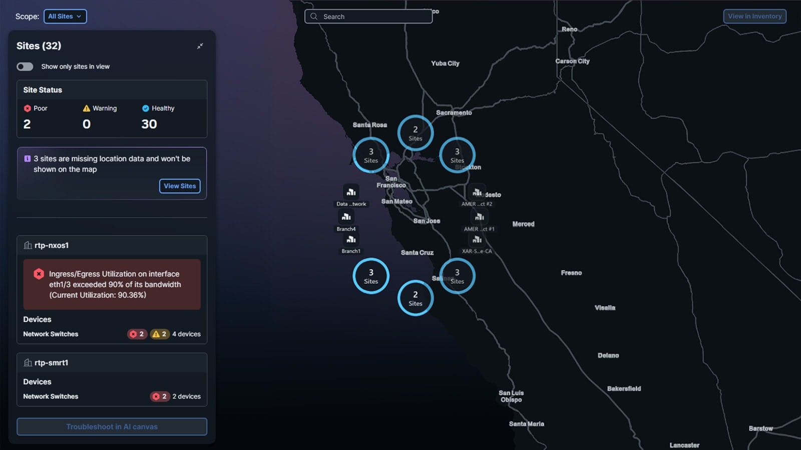Cisco Cloud Control topology map and site inventory UI &mdash; shows unified, cross‑domain visibility (sites, health status and alerts) that underpins Cisco&rsquo;s AI networking pitch and illustrates why customers would modernize networks for agentic AI.