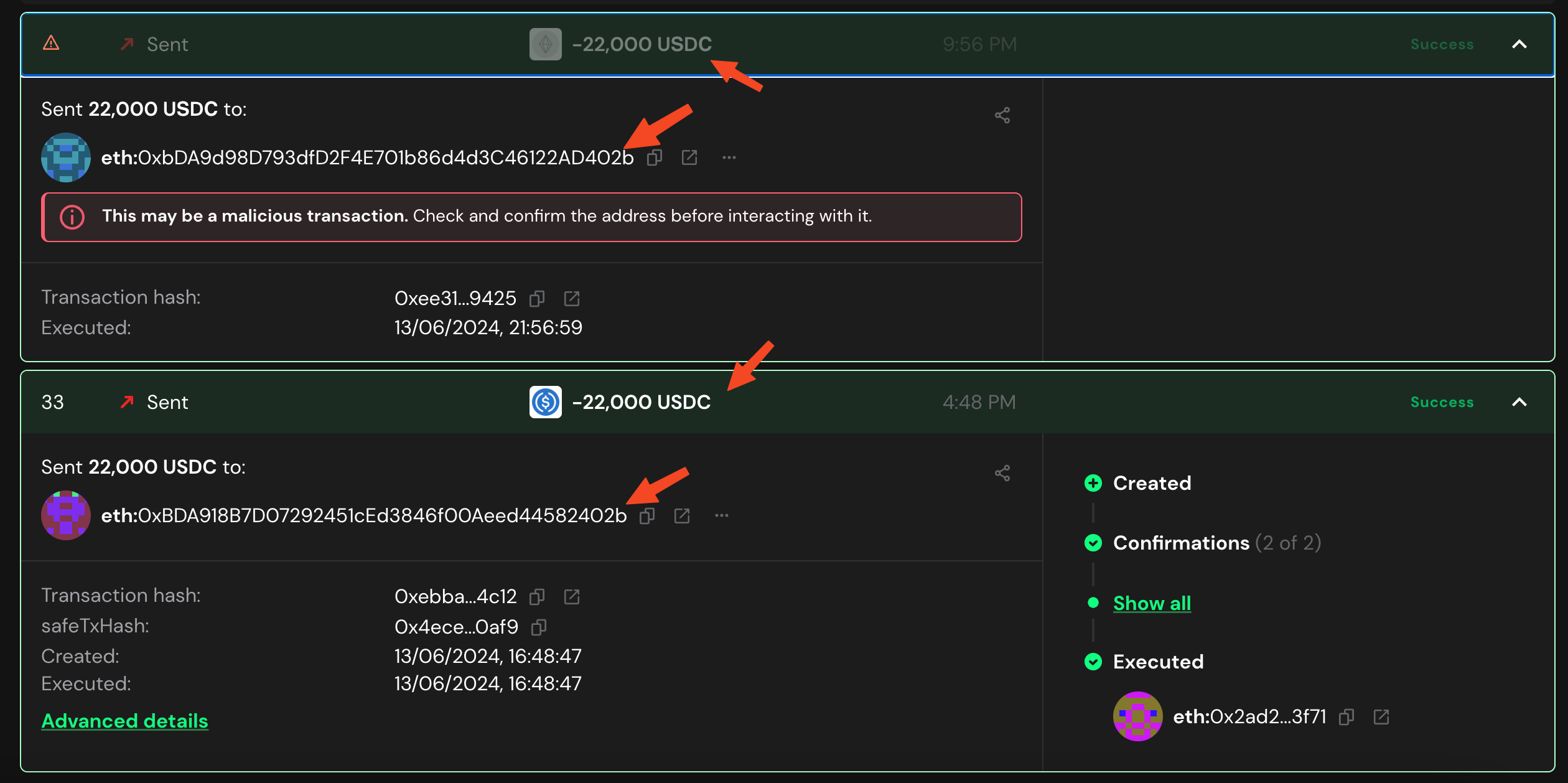 Screenshot of Safe{Wallet} UI showing a poisoned incoming transaction (fake USDC) with a lookalike address (matching prefix/suffix) &mdash; demonstrates how a poisoned address appears in a wallet and why users can be tricked into copying it.