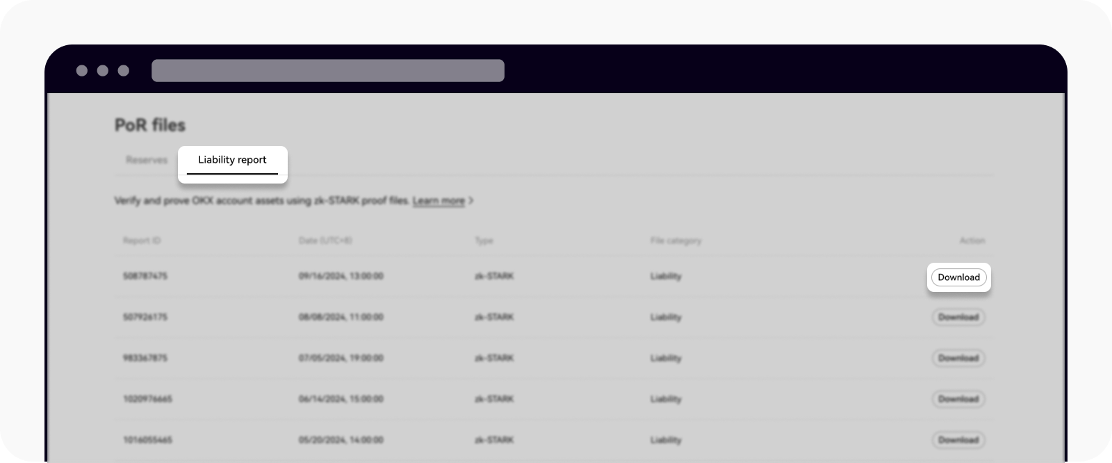 Screenshot of OKX&rsquo;s Proof-of-Reserves UI showing the &lsquo;Liability report&rsquo; / downloadable zk‑STARK proof file &mdash; demonstrates how exchanges publish verifiable proof files users can download and run for independent verification.