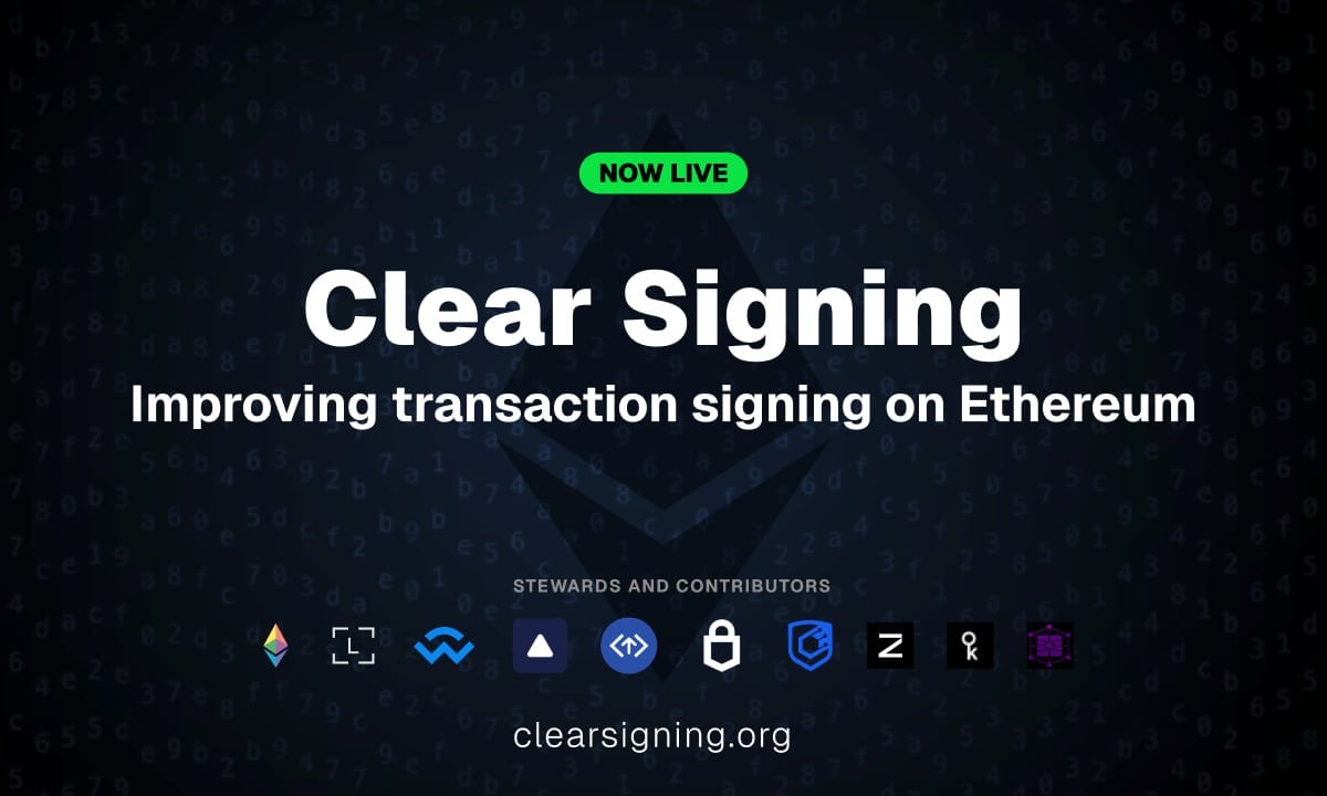 Clear Signing launch banner (May 12, 2026) showing the initiative title and contributor logos &mdash; illustrates the wallet-level UX standard and which wallet/security teams are involved.