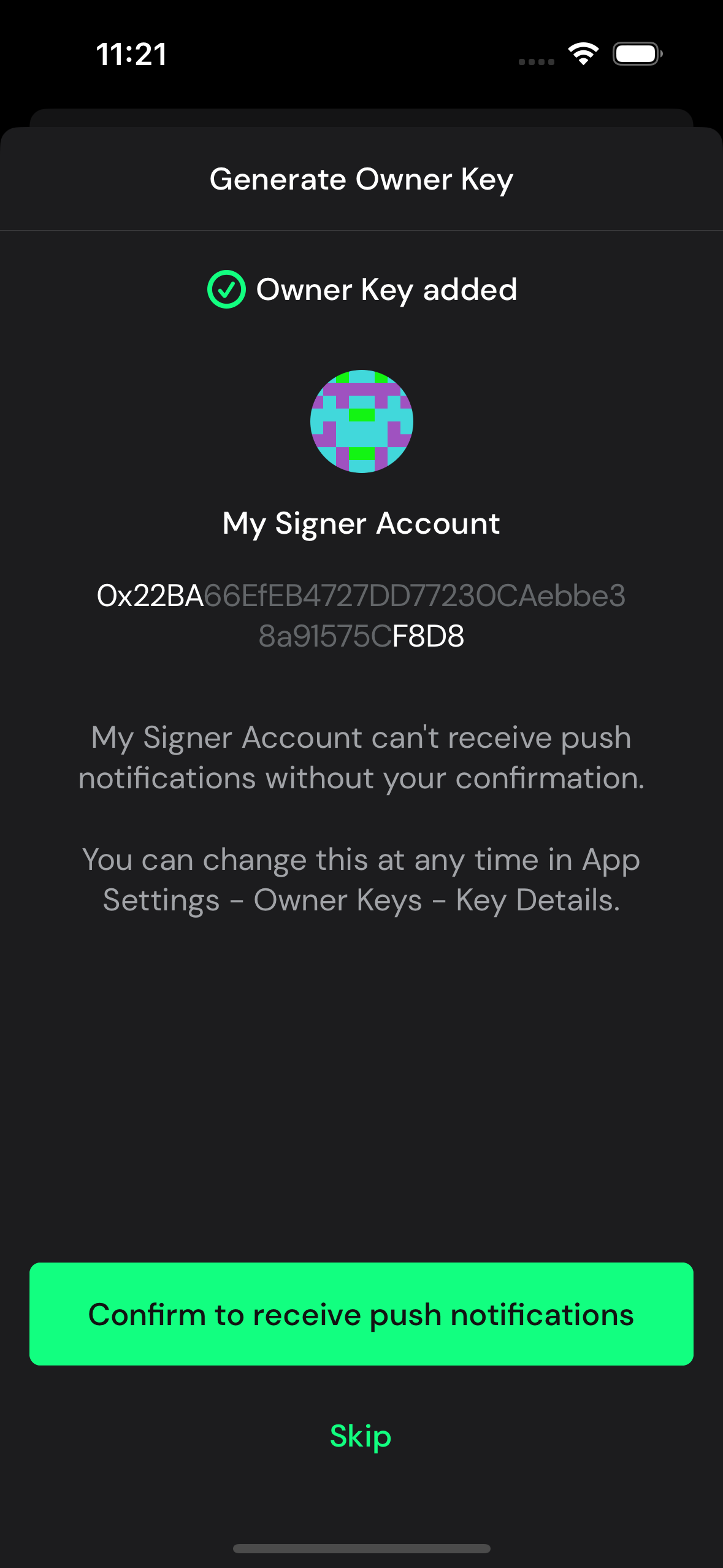 Safe mobile app screenshot showing an owner key and the generated delegate-key address with a push‑notifications toggle (illustrates an off‑chain delegate key UX).