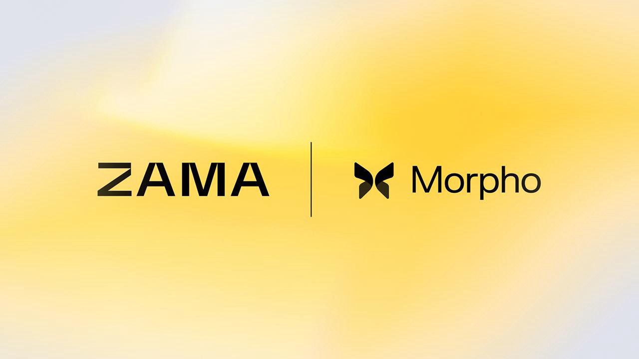 Zama and Morpho branding from the June 18, 2026 press release announcing the confidential USDC vault — a visual confirming the partnership enabling encrypted USDC yield on Morpho.