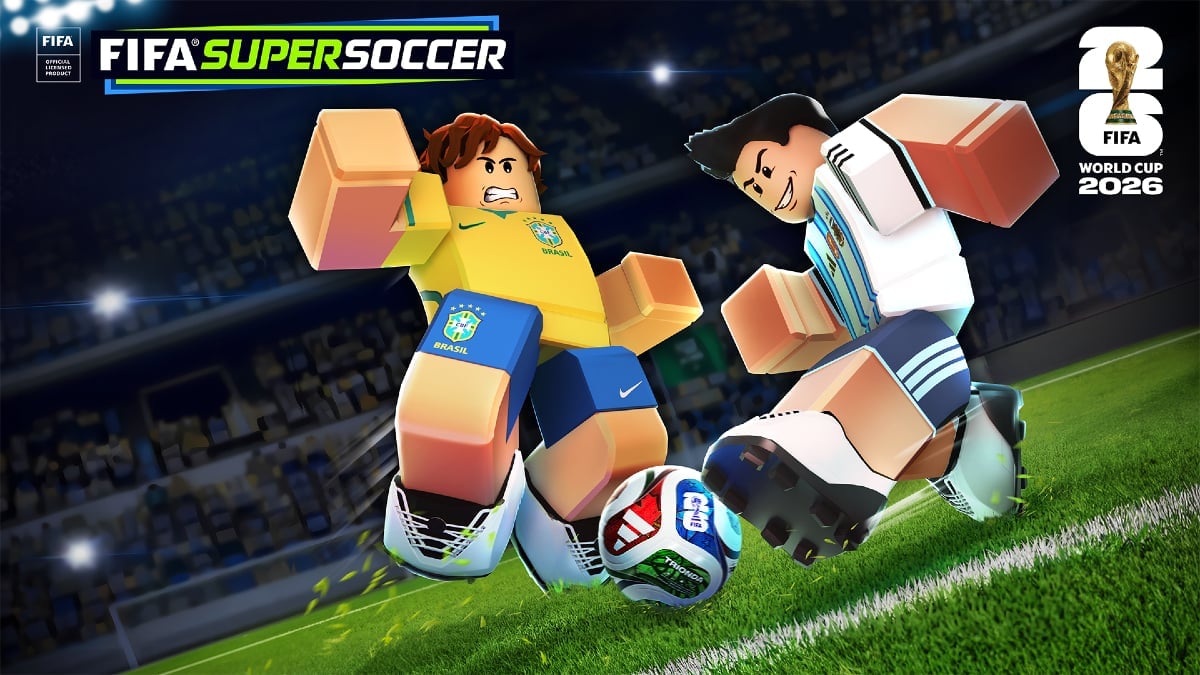 Promotional artwork for FIFA Super Soccer on Roblox showing branded avatars and the FIFA World Cup 2026 logo &mdash; illustrates the in‑game World Cup hub and FIFA&rsquo;s reach on Roblox as a mainstream distribution channel for younger fans.