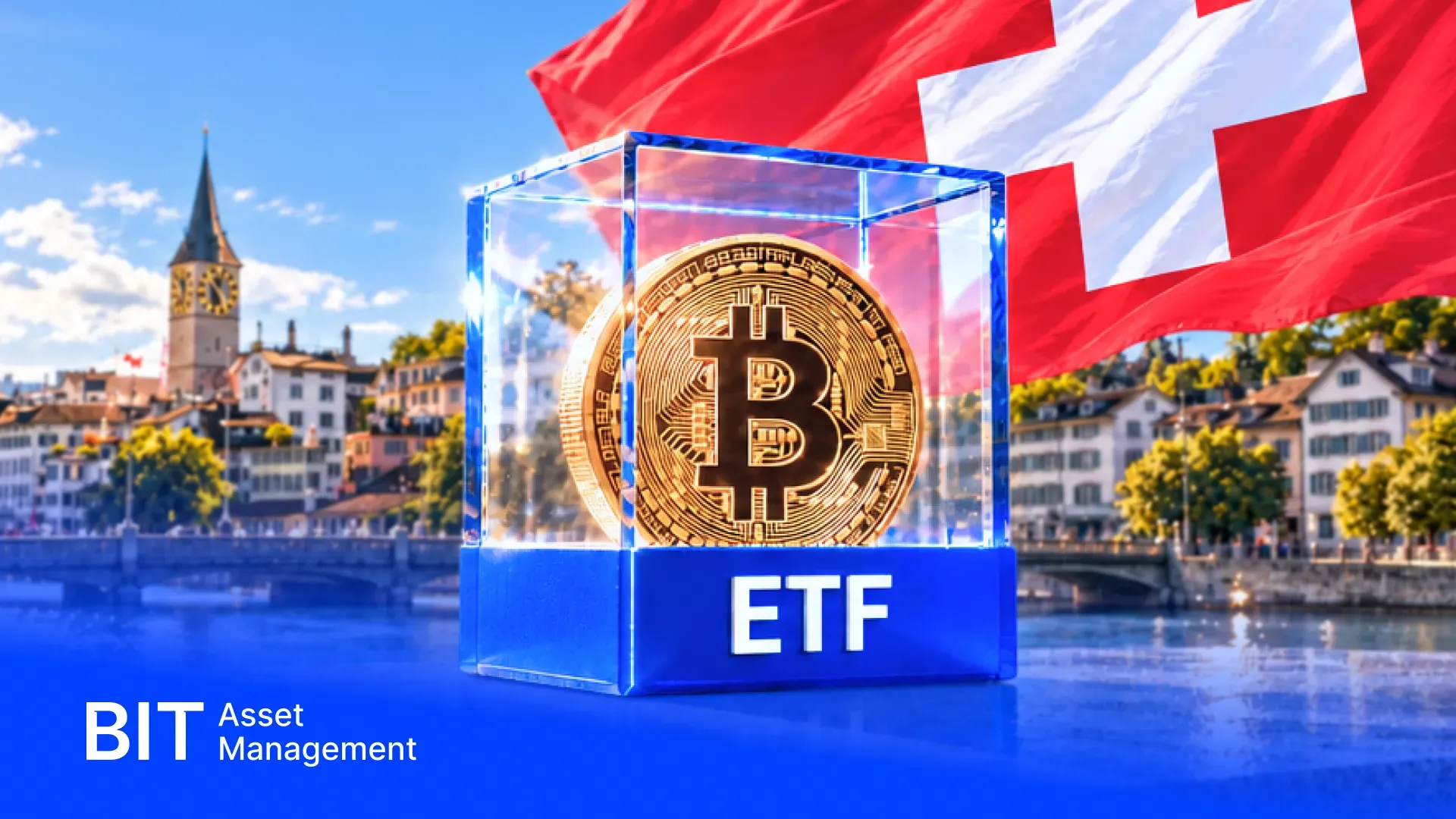 Promotional image for BIT Asset Management&rsquo;s Bitcoin Fund ETF (BBIT), depicting Bitcoin with the Swiss flag and ETF branding.