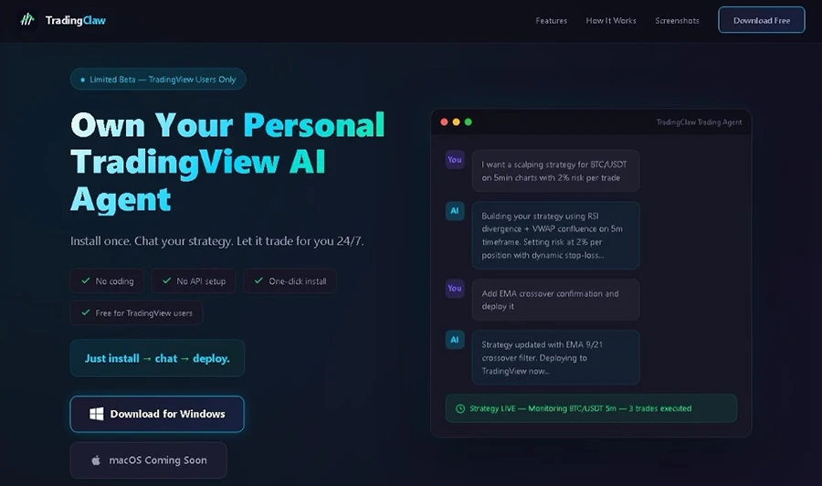 Screenshot of the fake TradingClaw website advertising an AI trading agent and a Windows download.