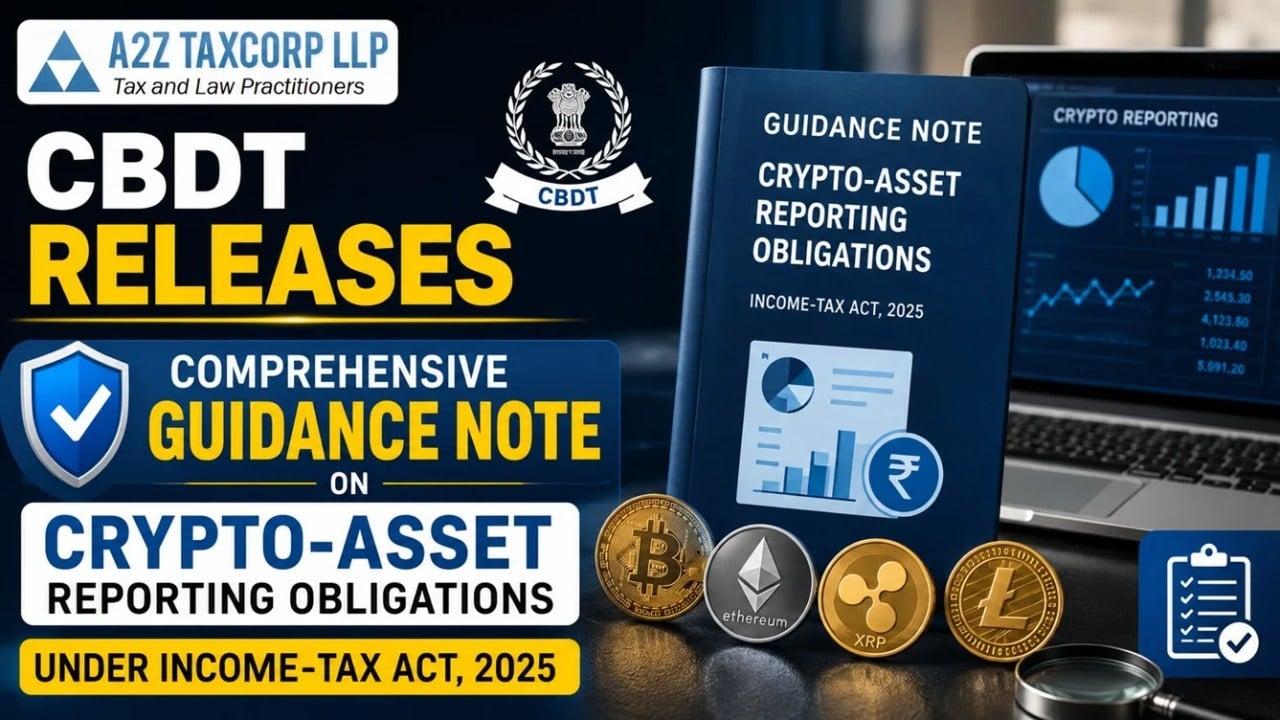 Header/cover image used with the A2Z Taxcorp story for CBDT&rsquo;s &lsquo;Guidance Note on Crypto‑Asset Reporting Obligations&rsquo; &mdash; useful as a visual pointer to the official guidance document (PDF) and its publication.