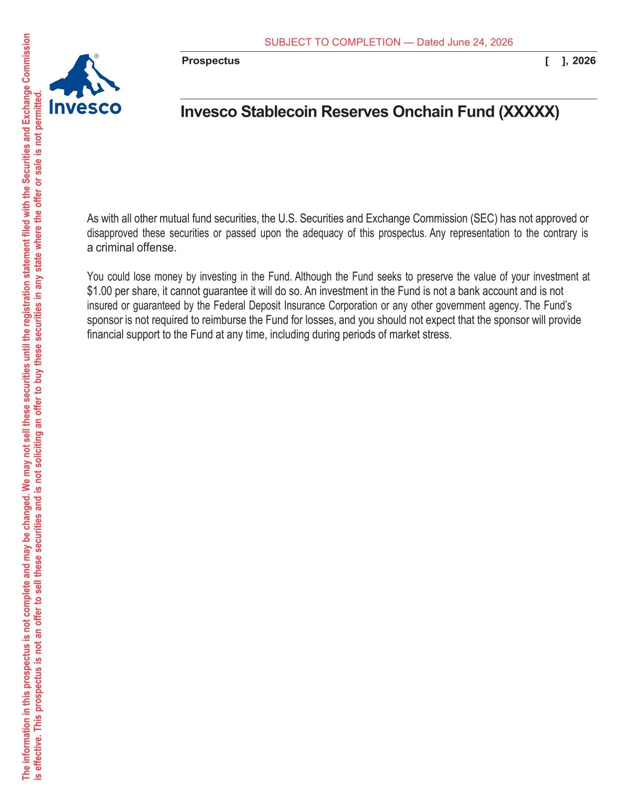 Cover page of Invesco’s June 24, 2026 prospectus for the Invesco Stablecoin Reserves Onchain Fund — shows the fund name and filing date, providing primary evidence of the SEC filing and tokenized‑shares structure.