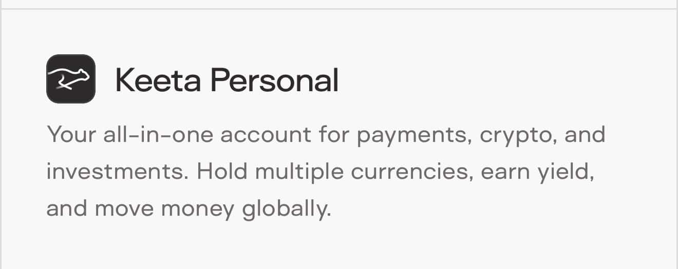 Screenshot of the Keeta Personal demo UI (multi‑currency account view) &mdash; shows the consumer banking interface that triggered speculation and could drive on‑chain RWA/payment flows.