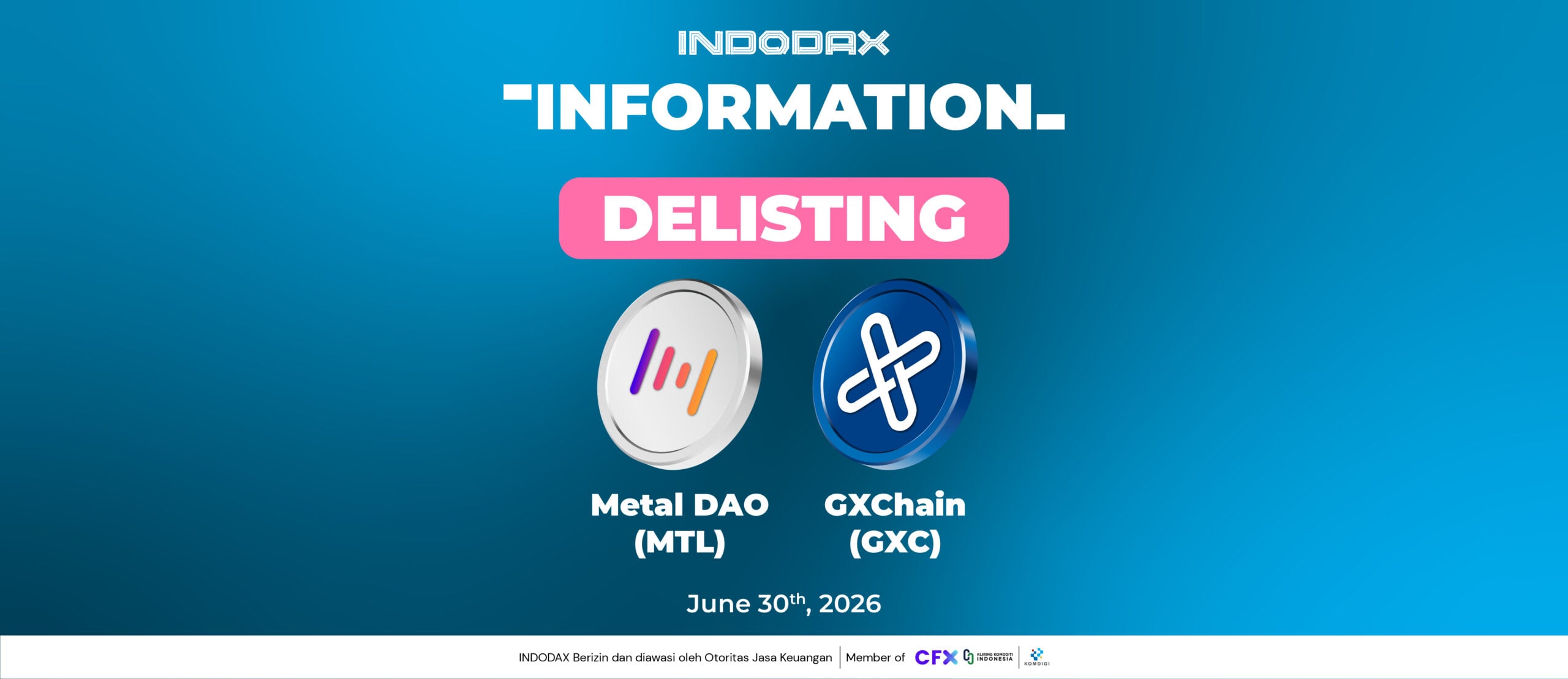 INDODAX delisting banner for MTL & GXC (effective June 30, 2026) — official exchange notice showing removal of a material market on‑ramp and withdrawal window details.