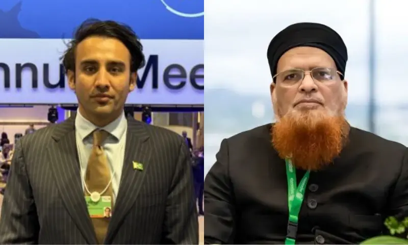 Photo combo of PVARA chairman Bilal bin Saqib and Mufti Taqi Usmani used in Dawn’s July 11, 2026 report — shows the regulator and senior scholar meeting amid the fatwa debate, underscoring official engagement between secular regulators and religious authorities.
