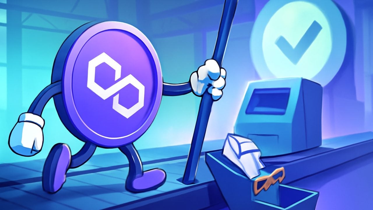 Polygon offloads badges on an assembly line before the merger stamp