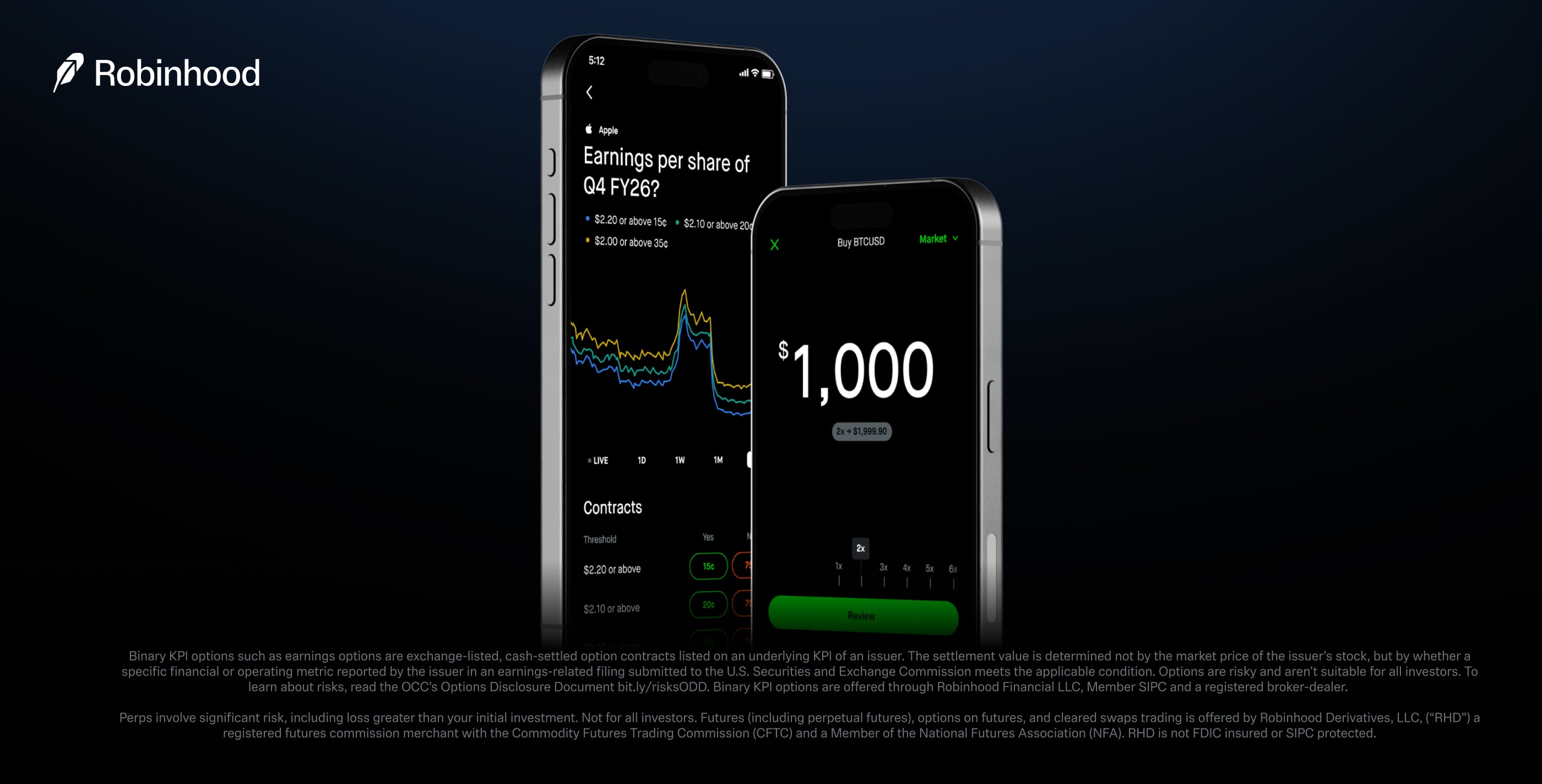 Official Robinhood graphic showing the announced perpetual-futures and earnings-contract products.