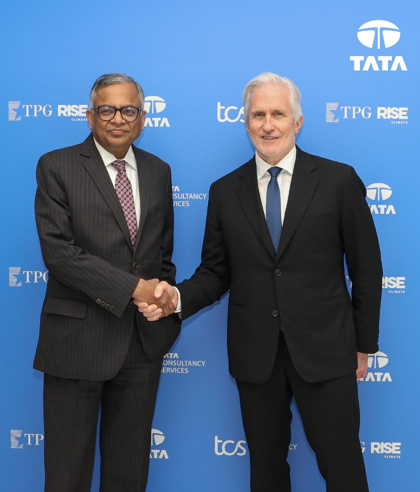 TCS Chairman N. Chandrasekaran and TPG Executive Chairman Jim Coulter at the HyperVault investment announcement.