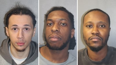 Mugshots of the three defendants supplied by the Metropolitan Police — official images confirming the identities of those jailed in the £4m fake‑police crypto scam.