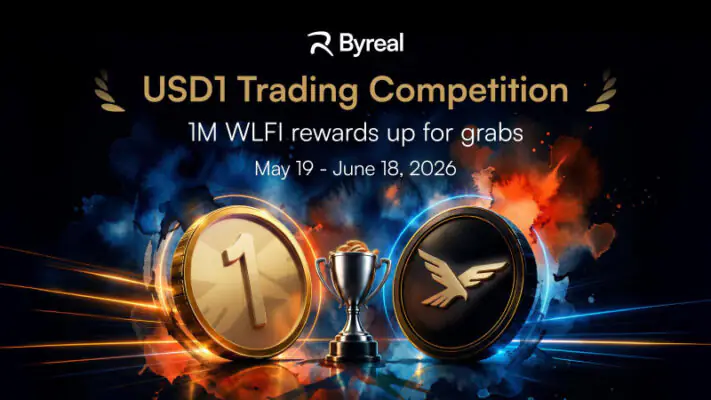 Byreal promotional graphic for the USD1 trading competition (May 19 – June 18, 2026) showing the 1M WLFI reward — evidence of active USD1 marketing and liquidity‑bootstrapping.