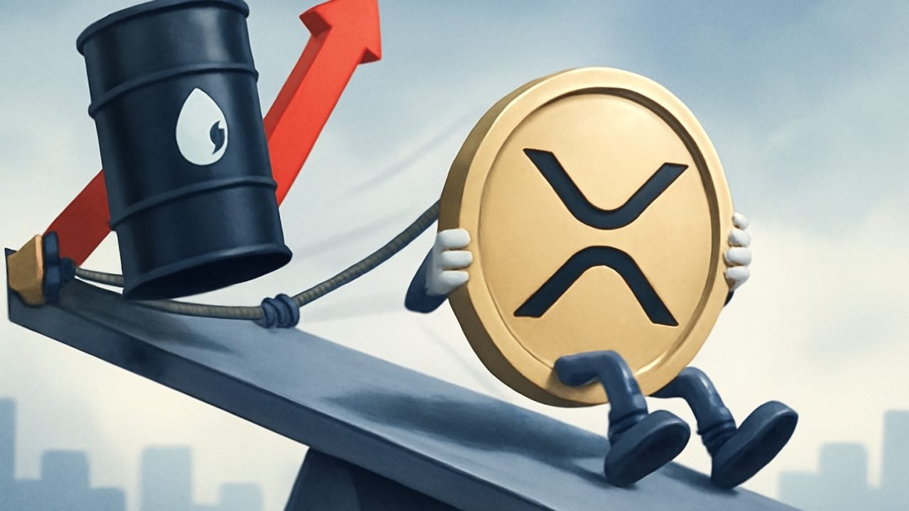 XRP sliding on a tilted market platform weighted by oil and yields