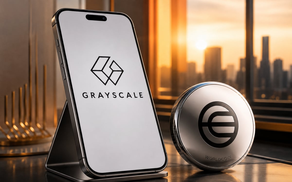 Grayscale logo beside a Worldcoin (WLD) token &mdash; image used in coverage of Grayscale&rsquo;s July 20, 2026 S‑1 filing for a spot Worldcoin ETF (GWLD); visually links the proposed ETF sponsor to the token it would hold.