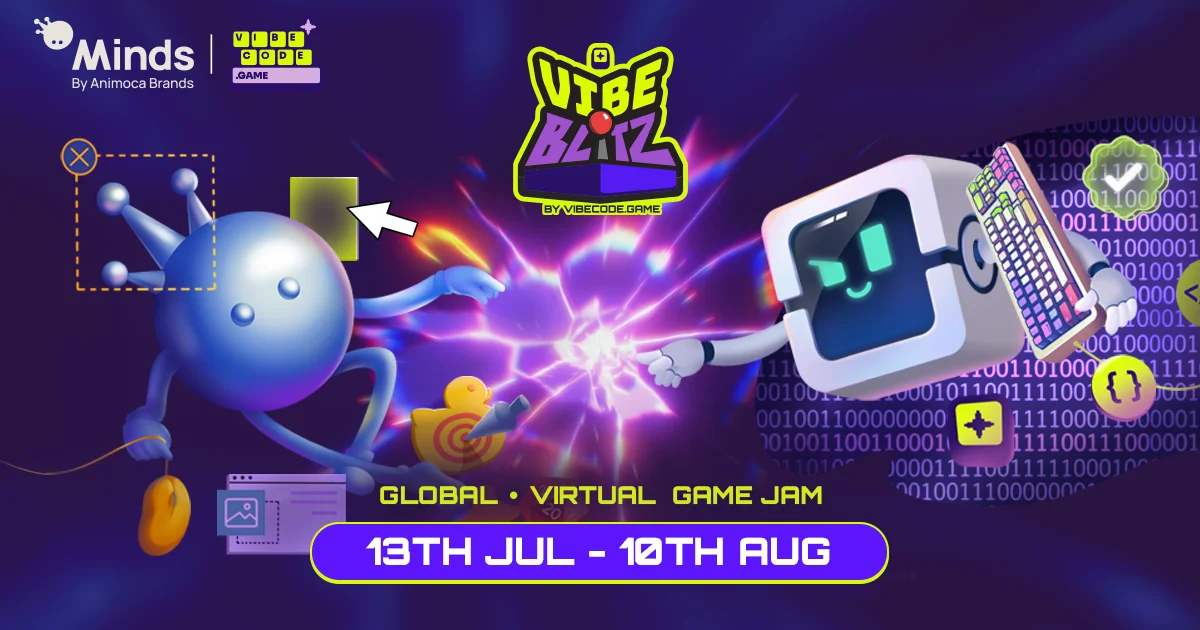 Promotional cover for VibeBlitz (shows partnership with Minds by Animoca Brands and event dates), illustrating YGG’s AI-assisted game-jam approach that emphasizes creator tools over pure token drops.